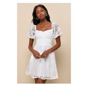 Lulus Sweetest Effect White Floral Burnout Puff Sleeve Mini Dress - Size S